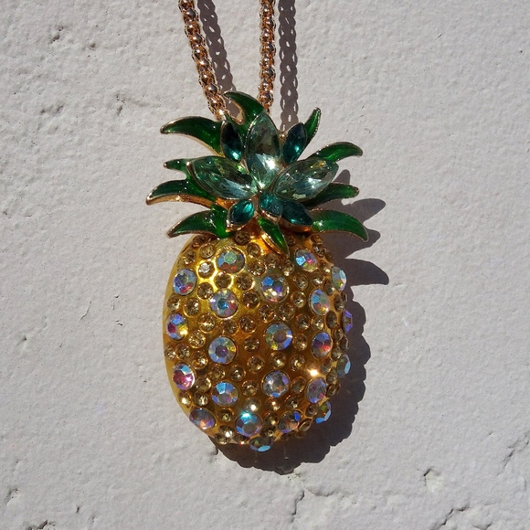Iridescent Jewel Golden Pineapple Pin Summer Fruit Statement Necklace / Brooch - Picture 7 of 8